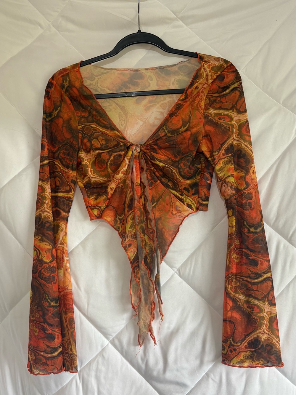SHEIN Orange & Brown Marble Tie-Front Sheer Crop Top